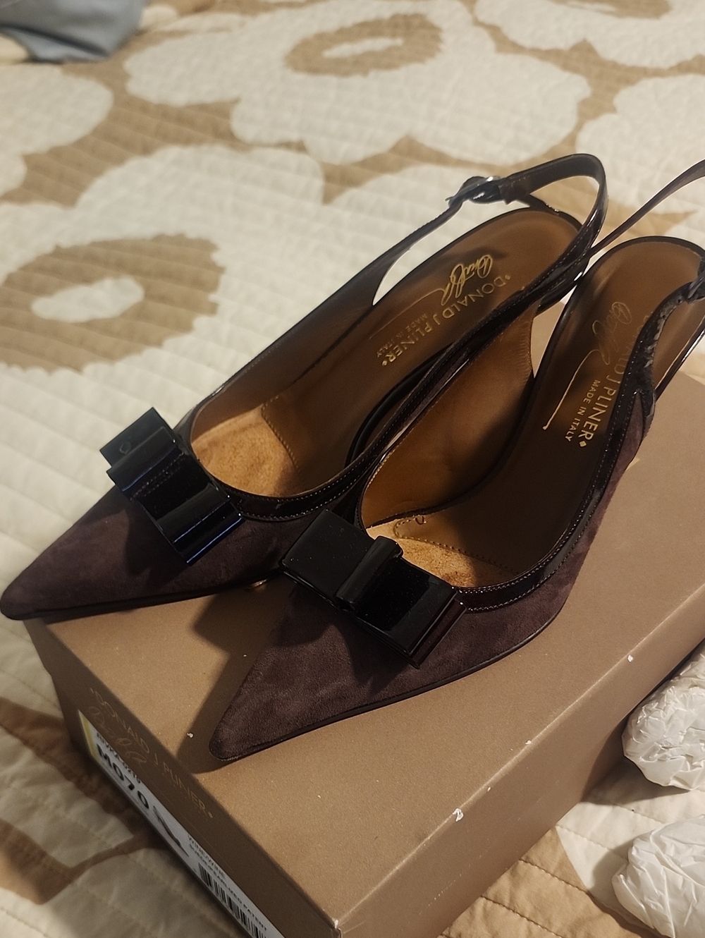 Donald Pliner  Wine  Suede Pointed-Toe Slingback Pumps with Patent Bow
